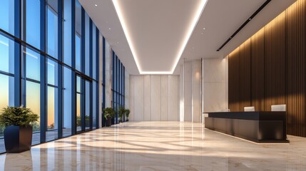 Obraz premium Modern office lobby with large windows showcasing sunset, sleek reception desk, and decorative plants