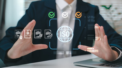 Business professional with ISO certification and quality management concept. Digital compliance, document approval, audit process and international standard for corporate governance.
