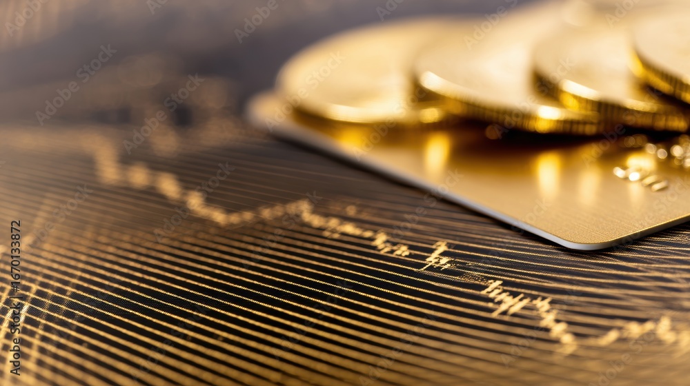 Poster close-up of shiny gold coins and a credit card on a textured surface with financial graphs in the ba