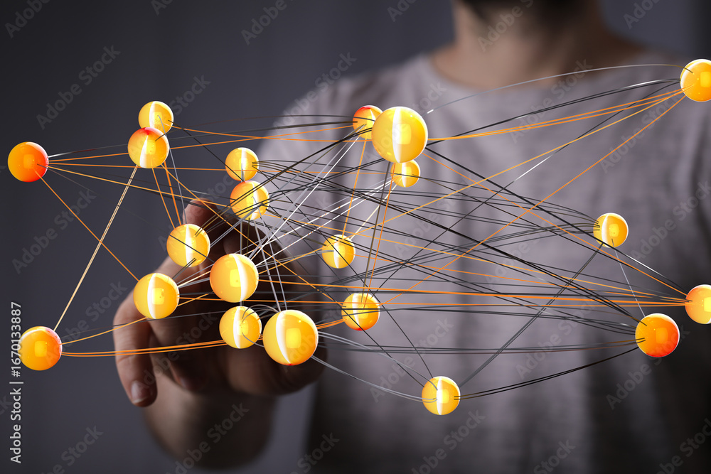 Poster abstract image of interconnected nodes, representing global network, digital technology, and connect