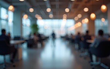 An empty office space exudes calm as blurred bokeh lights dance in the background, enhancing the creative potential of this inviting and modern environment. High quality