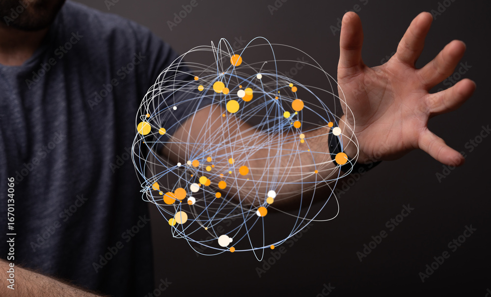 Poster stock photo of a person interacting with a digital sphere representing global connections and networ