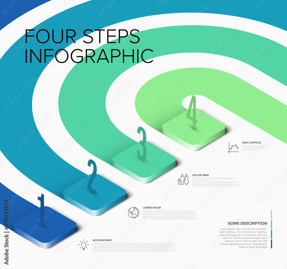 Poster a vibrant four-step infographic design with a gradient color palette, featuring steps numbered 1 to 