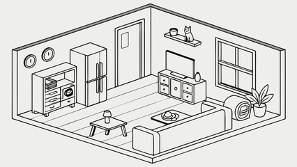 Isometric View of Modern Living Room Cartoon.
