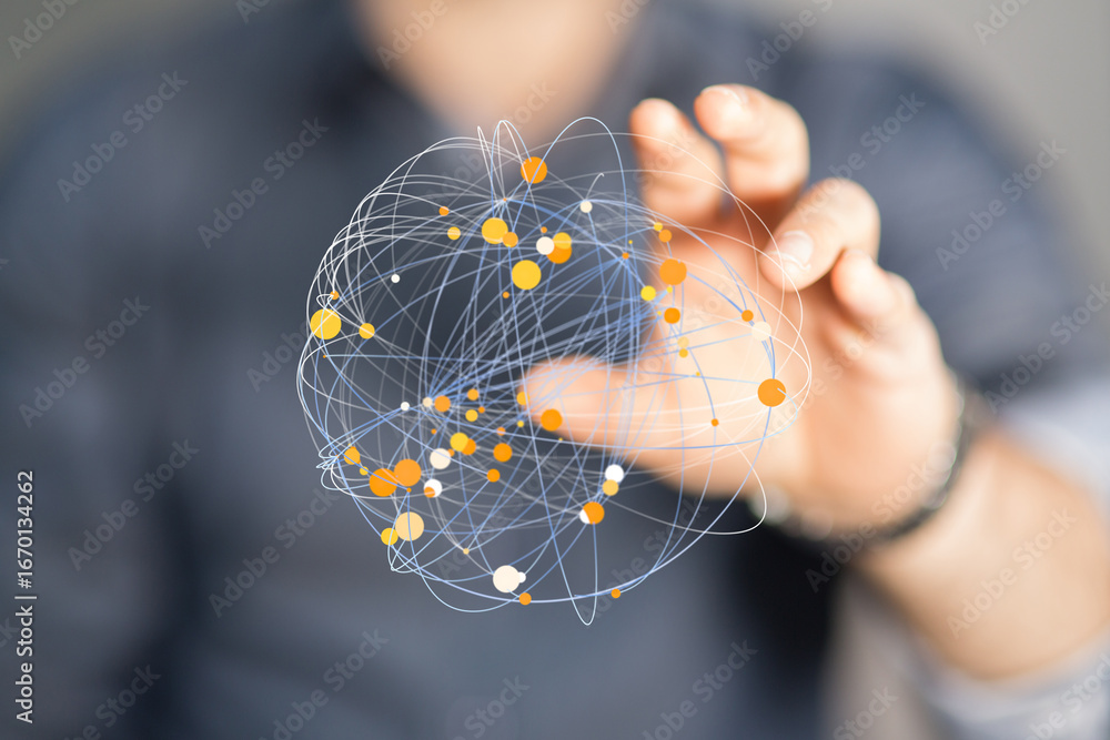 Poster abstract image of a hand interacting with a network of interconnected nodes, representing global com