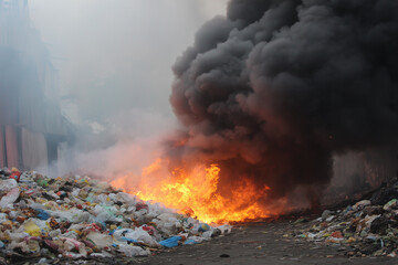 piles of plastic waste burned in the open yard, thick black smoke billowing into the sky, dramatic atmosphere