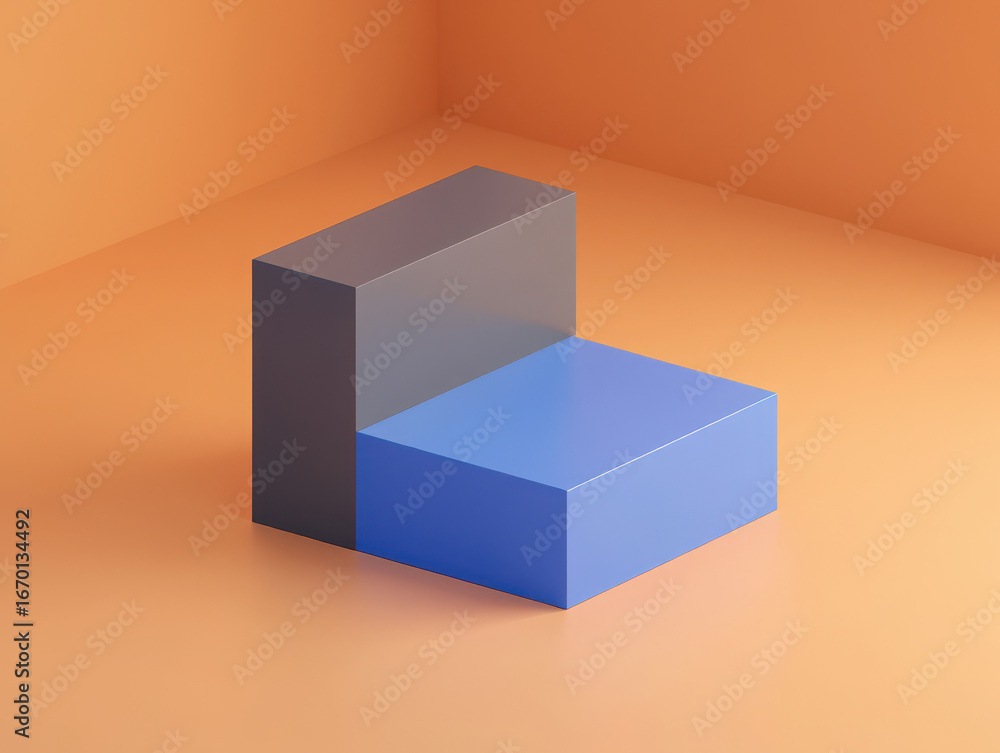 Poster minimalist geometric cubes arranged in abstract composition with soft orange backdrop