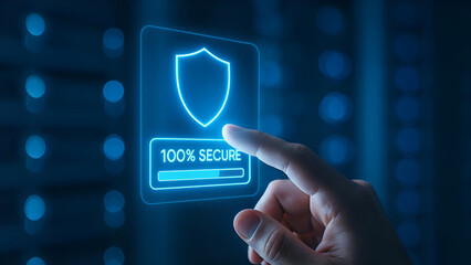 Hand Interacting with Futuristic Holographic Security Interface over Soft-Focus Server Background