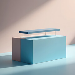 Modern light blue reception desk with minimalist design and soft lighting