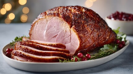 Deliciously Glazed Christmas Ham with Fresh Herbs and Cranberries
