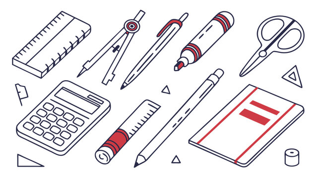 Isometric illustration of school supplies stationery office items back to school education learning design geometry drawing math tools equipment.