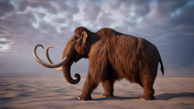 Woolly Mammoth walking across barren landscape under cloudy sky