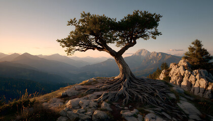 Pohon berbentuk hati denga akar terbuka di matahari erbenam yang indah yang meghadap ke lanskap pegunungn