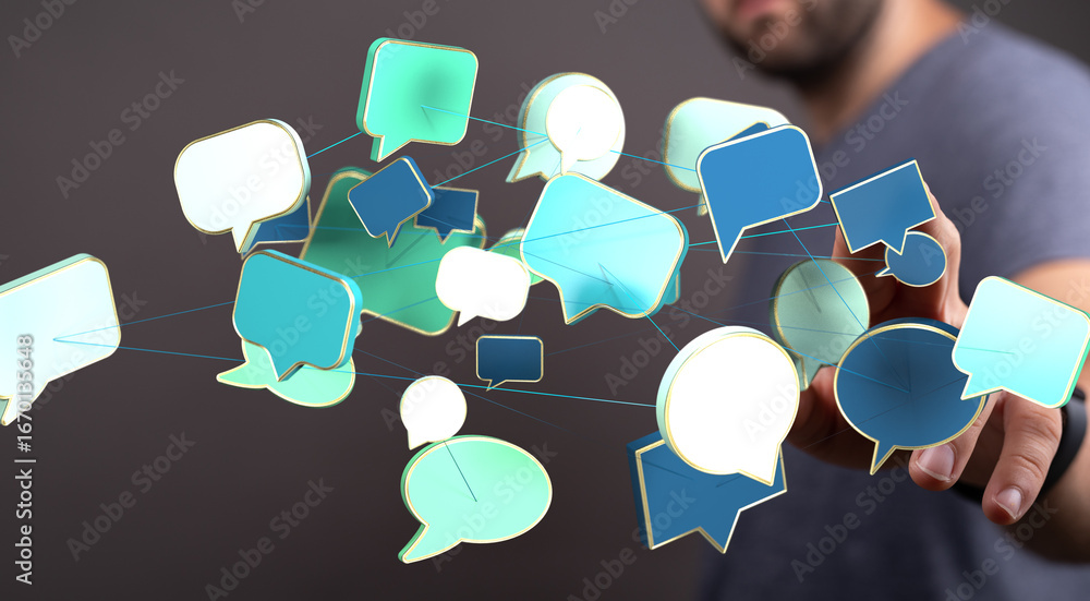 Poster abstract image of interconnected speech bubbles, symbolizing global communication and networking.
