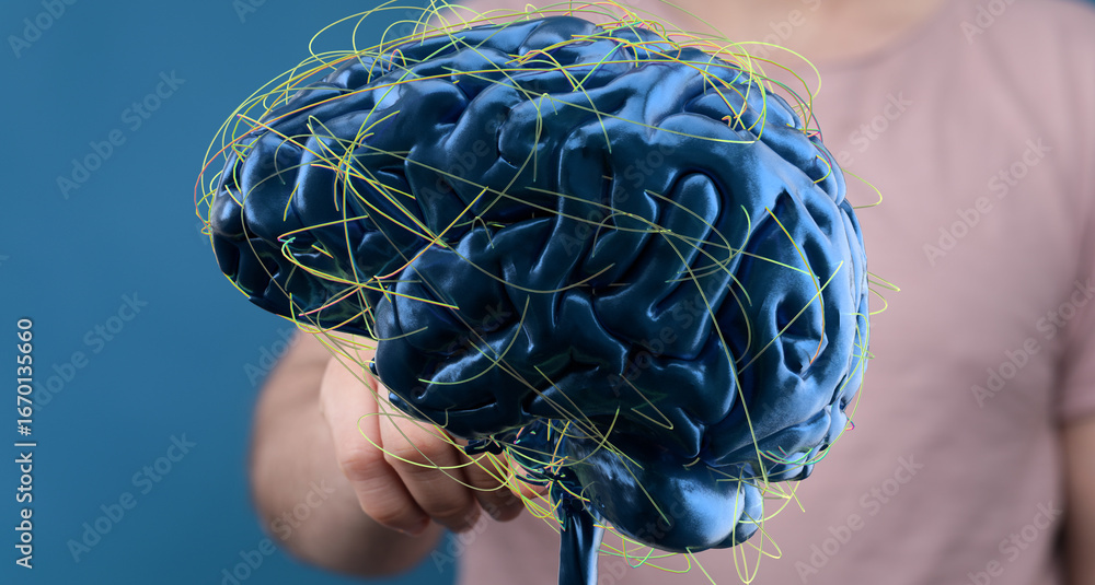 Aufkleber 3d rendering of human brain with neural network connections. ideal for ai, neuroscience, and technol