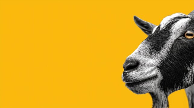 Black and White Goat Headshot on Yellow Background with Copy Space – Farm Animal Branding Concept - Powered by Adobe