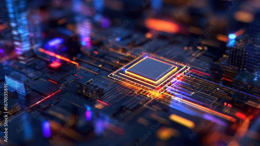 Poster Abstract view of a glowing microchip surrounded by vibrant circuitry in a futuristic digital landscape