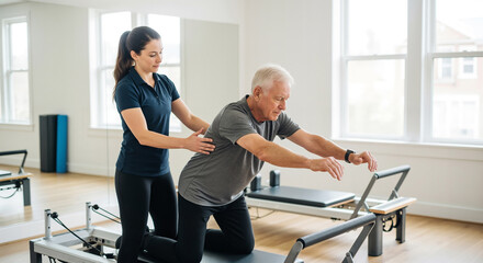 Pilates instructor coaching senior man on a reformer machine