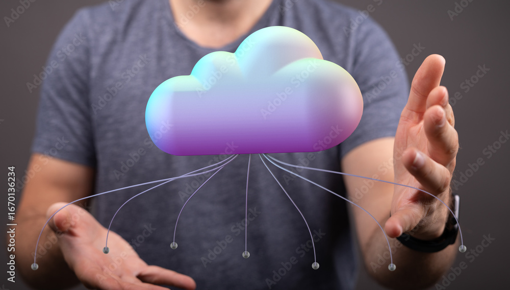 Aufkleber high-quality image depicting cloud computing, data storage, and networking concepts.