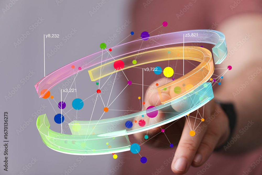 Poster abstract image of a hand interacting with a 3d data visualization. perfect for technology, business,