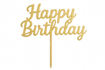 Sparkling golden cake topper highlighting festive birthday message, suspended against transparent backdrop for party embellishment