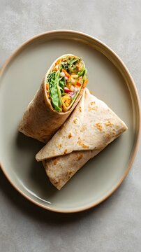 Quick-fix veggie wrap on neutral plate, corner reserved for call-to-action phrase