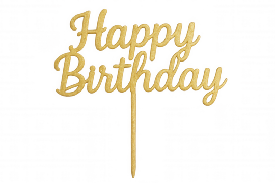 Sparkling golden cake topper highlighting festive birthday message, suspended against transparent backdrop for party embellishment