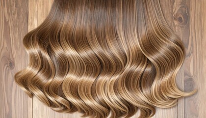 Healthy, wavy, light brown hair on wood