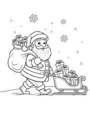 Santa Claus carries bag full of gifts on a sled. Festive Winter card