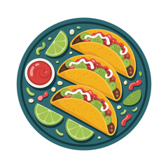 Deliciously decorated plate of three savory tacos with lime wedges and salsa