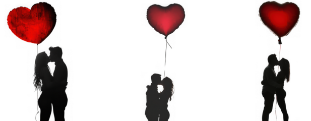 Silhouettes of couples kissing, holding red heart balloons, romantic gesture, love and relationship concept, isolated on transparent background