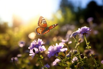 Obraz premium Butterfly flying around wildflowers outdoors blossom nature.