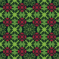 seamless pattern with flowers,red,green curves and painted to create flowers shape,leaves with black background in geometric patterns to as sarong,tile,printed fabric,batik,fabric,tablecloth patterns.