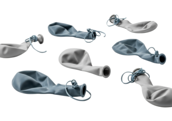 Deflated, dull, shrivelled muted blue and soft gray latex balloons with tangled strings, scattered on a transparent background with copy space, soft studio light, post-party melancholy atmosphere