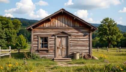 Rustic wooden cabin in serene countryside surrounded by lush greenery and vibrant wildflowers under a bright blue sky