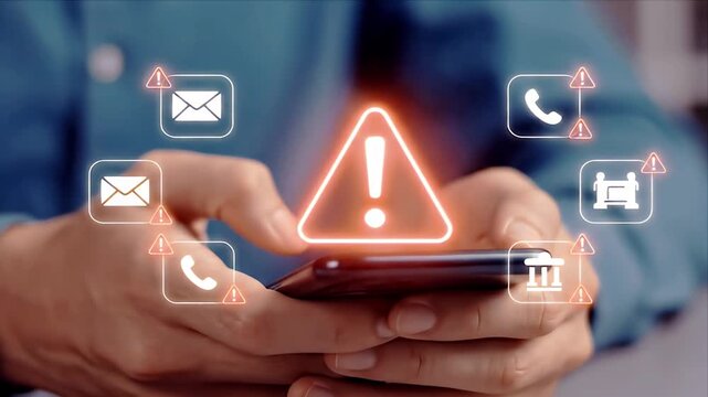 Hands holding smartphone displaying a prominent digital warning sign surrounded by alert icons, symbolizing online security threats, data protection, and scam prevention. - Powered by Adobe