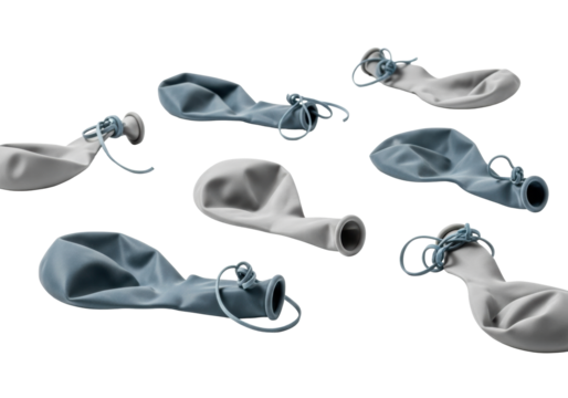 Deflated, dull, shrivelled muted blue and soft gray latex balloons with tangled strings, scattered on a transparent background with copy space, soft studio light, post-party melancholy atmosphere