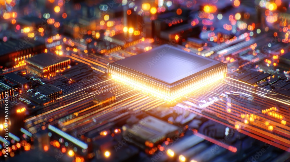 Poster close-up view of a glowing microchip on a circuit board, showcasing intricate connections and vibran