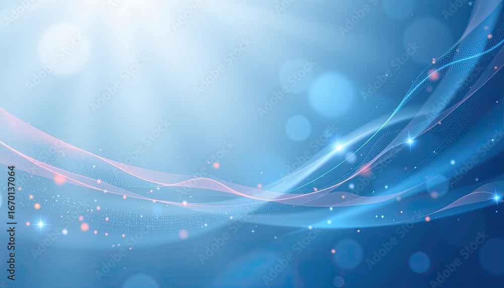 Poster ethereal light rays and soft waves with shimmering particles against a calm blue background