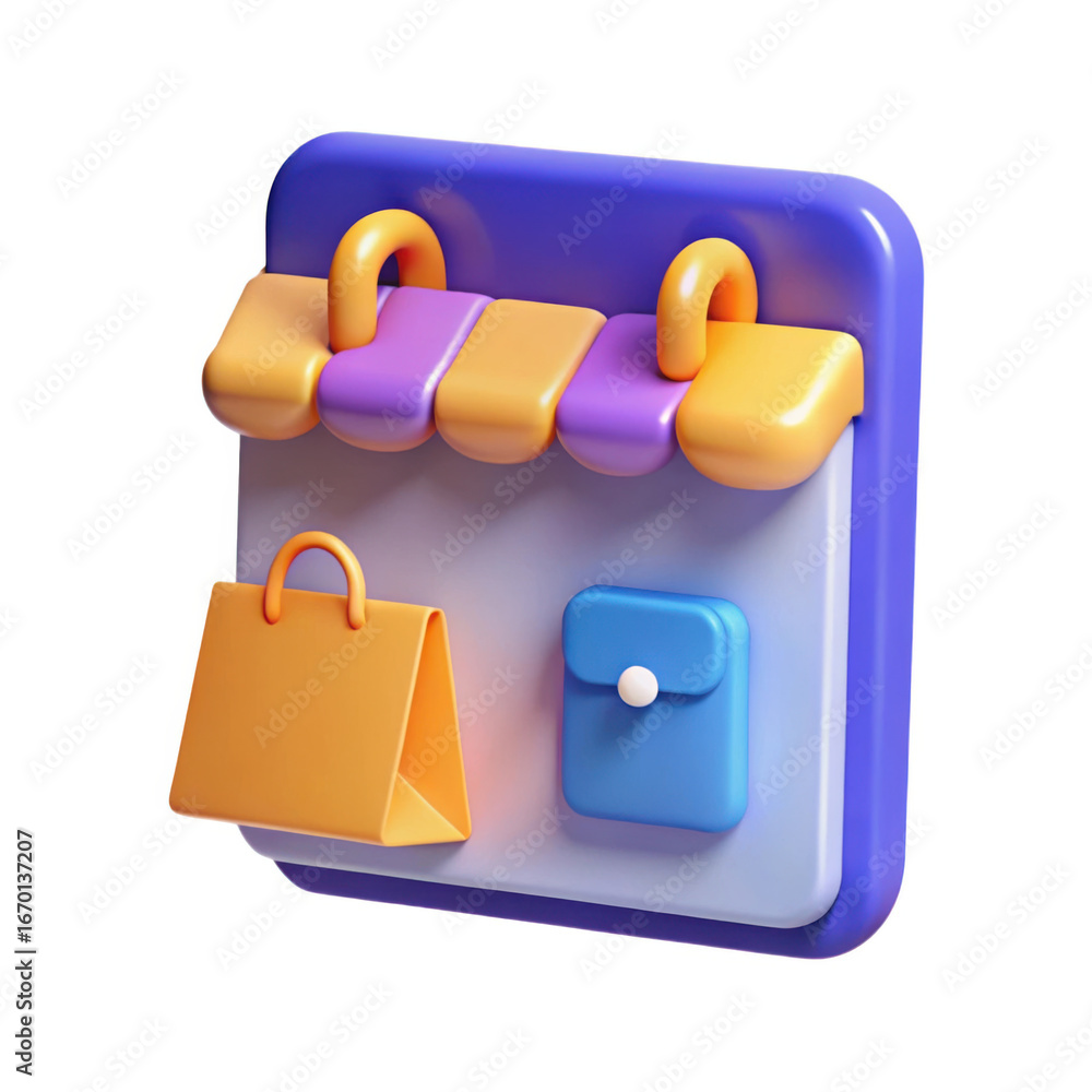 Poster 3d shopping cart icon with storefront elements isolated on transparent background