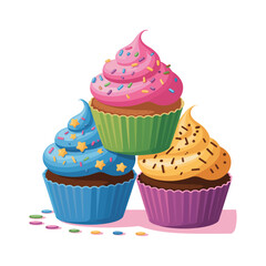 Three colorful frosted cupcakes stacked together with sprinkles on a white background