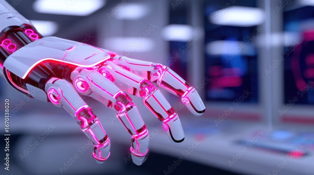 Poster futuristic robotic hand reaching towards a digital interface in a high-tech laboratory setting