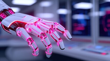 Obraz premium Futuristic robotic hand reaching towards a digital interface in a high-tech laboratory setting