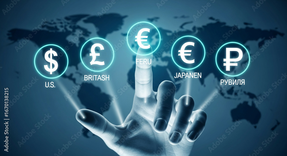 Poster hand interacting with digital currency symbols on a world map background, showcasing global finance 