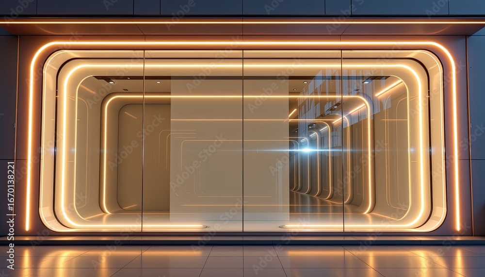 Poster modern futuristic display window with elegant neon lights and sleek design for retail spaces
