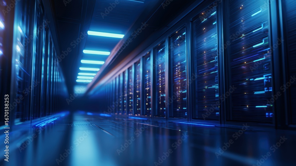 Poster futuristic data center corridor with illuminated server racks, showcasing advanced technology and di