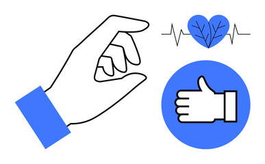 Hand making a delicate gesture beside a heartbeat graphic and a thumbs-up symbol. Ideal for health, wellness, positive feedback, social approval, mindfulness, kindness, simple landing page