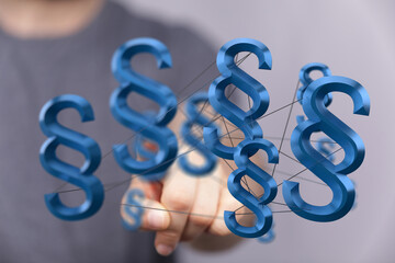 3D rendering of interconnected paragraph symbols, illustrating legal concepts, regulations, and...