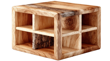 Rustic wooden cube cabinet with four open compartments for stylish furniture organization, compact decorative storage, and modern home design transparent background