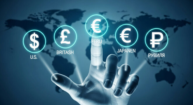 Hand interacting with digital currency symbols on a world map background, showcasing global finance and digital transactions